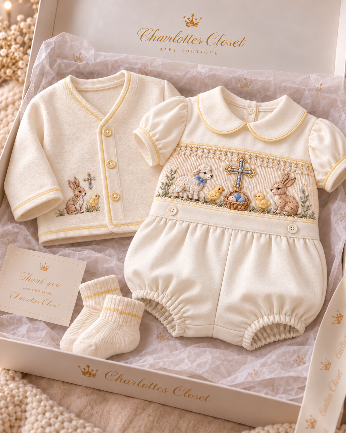The little blessing collection ✝️Boys smocked romper ,cardigan & socks set preorder cut off date is December 10th Easter 27