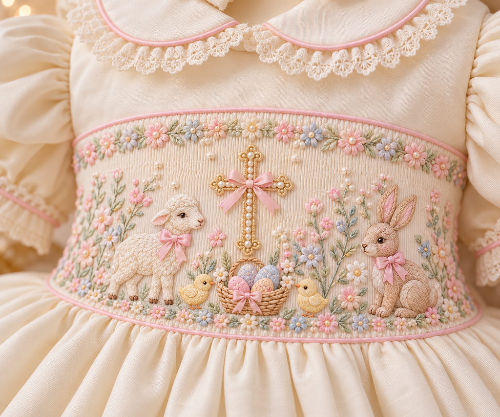 The little blessing collection ✝️Easter 27 design our cream smock dress with bunny embroidered & pearl detail preorder closed December 10th